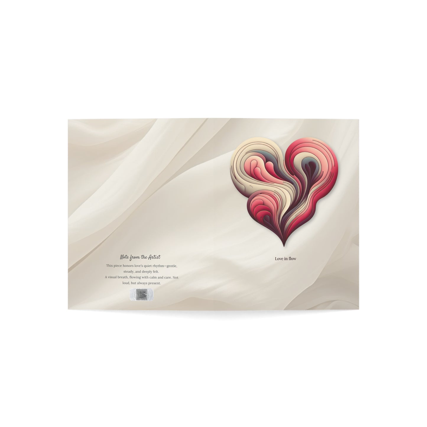 Open cover view of the “Love in Flow” abstract heart greeting card, featuring the poetic artist note and soft minimalist paper texture.