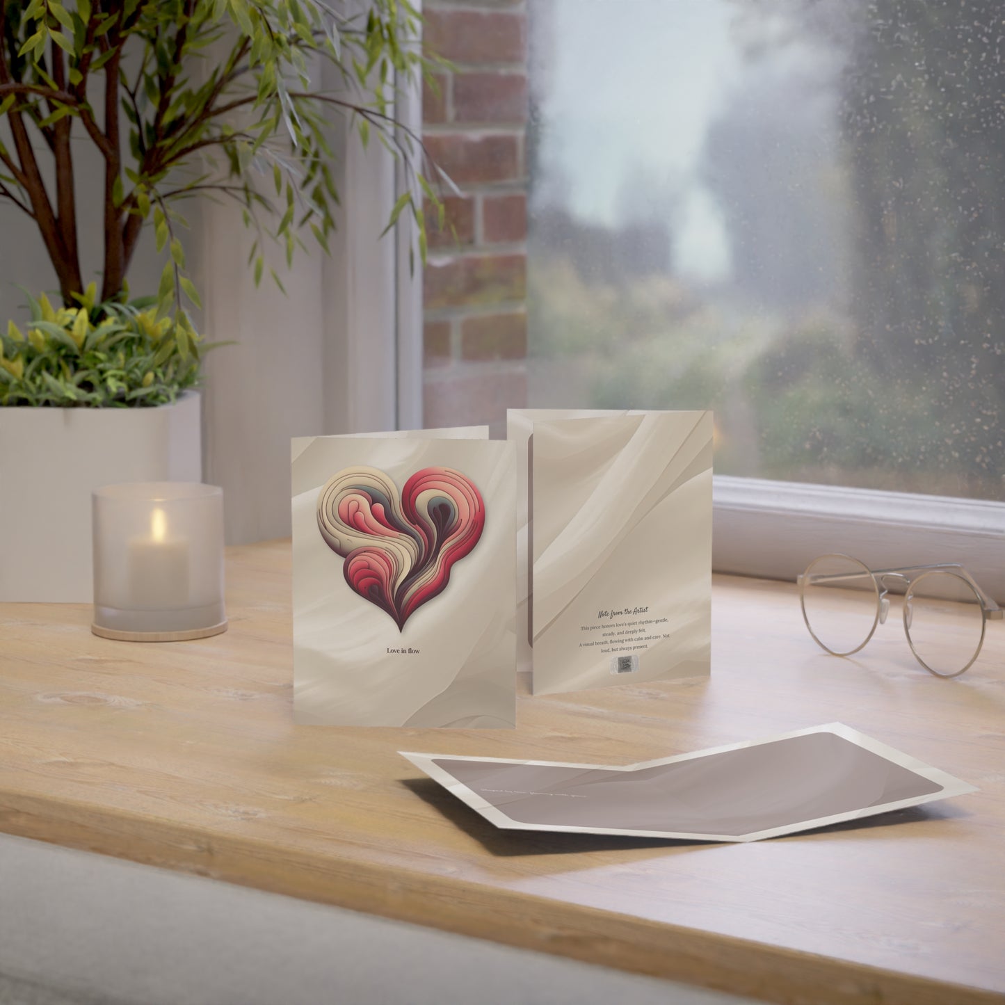 Love in Flow card set beside a window with candle and glasses, evoking soft natural tones and emotional warmth.