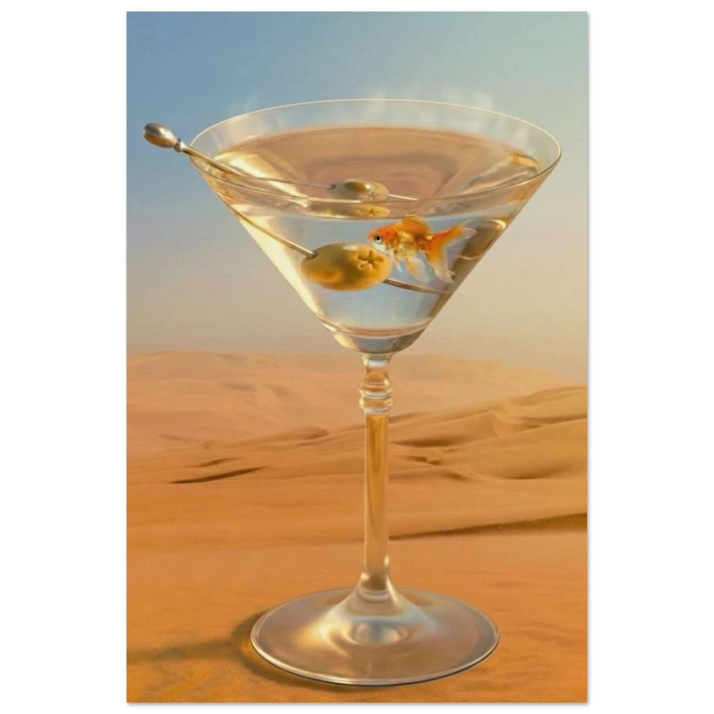Large surreal desert martini art print 24x36 inches, bold modern wall art designed as a statement piece