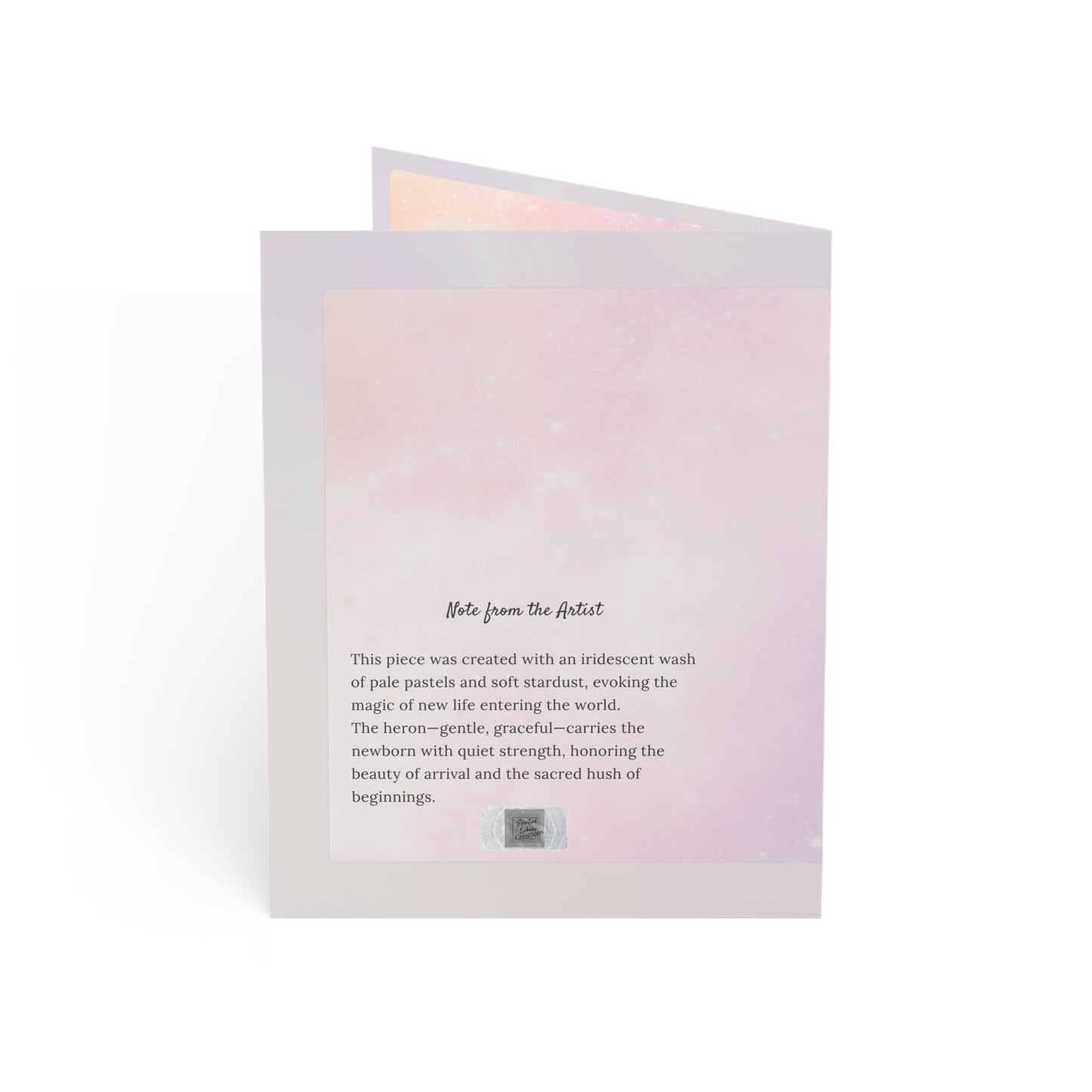 Back of New Light card with artist note explaining the pastel stardust design and symbolic heron carrying a newborn.