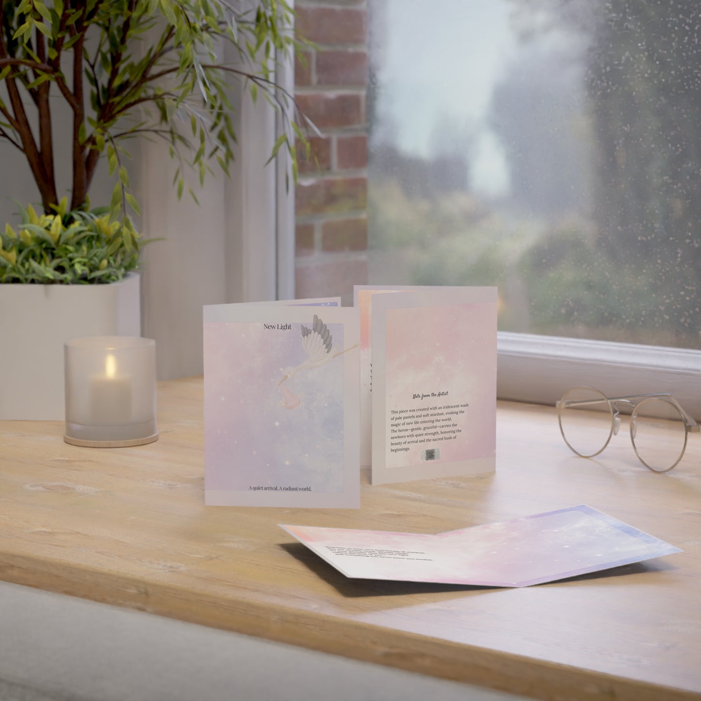 The New Light card shown from three angles—front, back, and open—on a wooden surface near a rainy window and a pair of glasses, evoking a soft, reflective mood.