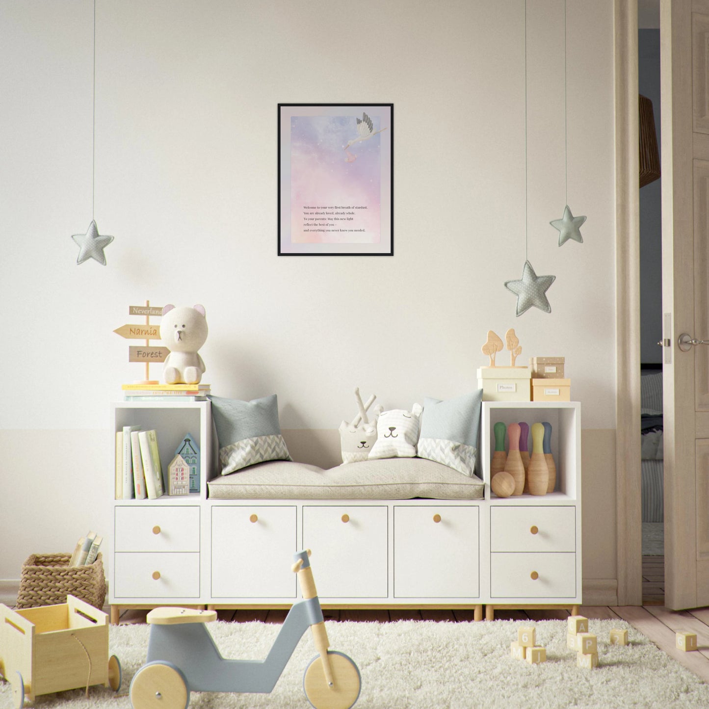 Framed “New Light” wall art in black frame displayed above a modern nursery toy bench — whimsical baby room décor, perfect baby shower gift, and pastel celestial nursery inspiration.