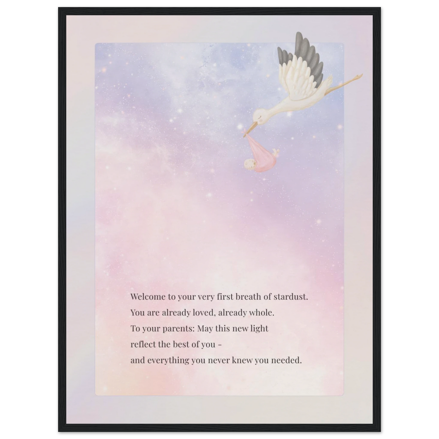 New Light baby wall art print with black frame, featuring pastel galaxy background and stork poem — an elegant nursery decor option for modern parents
