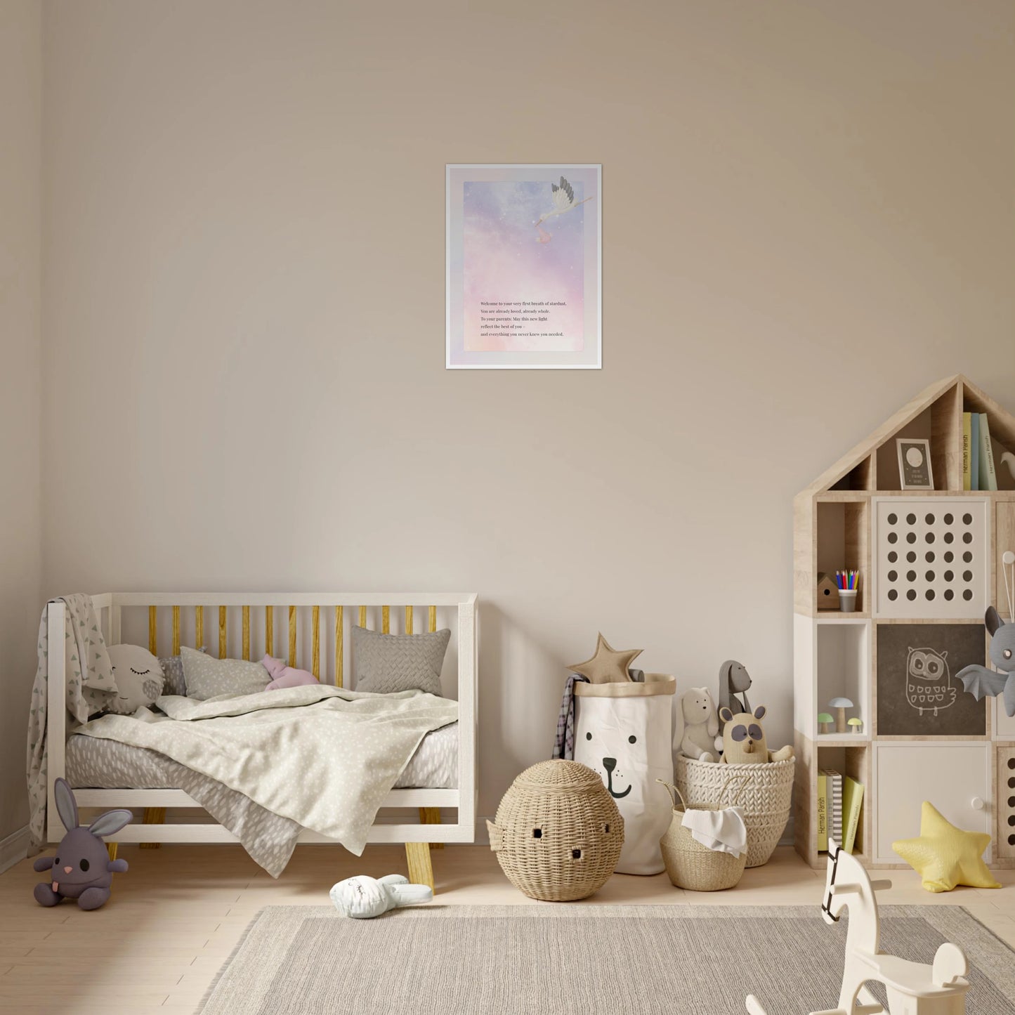Medium 18x24 “New Light” framed wall art in white frame above toddler bed and nursery storage — pastel baby room décor ideal for modern parents or celestial-themed nursery walls.