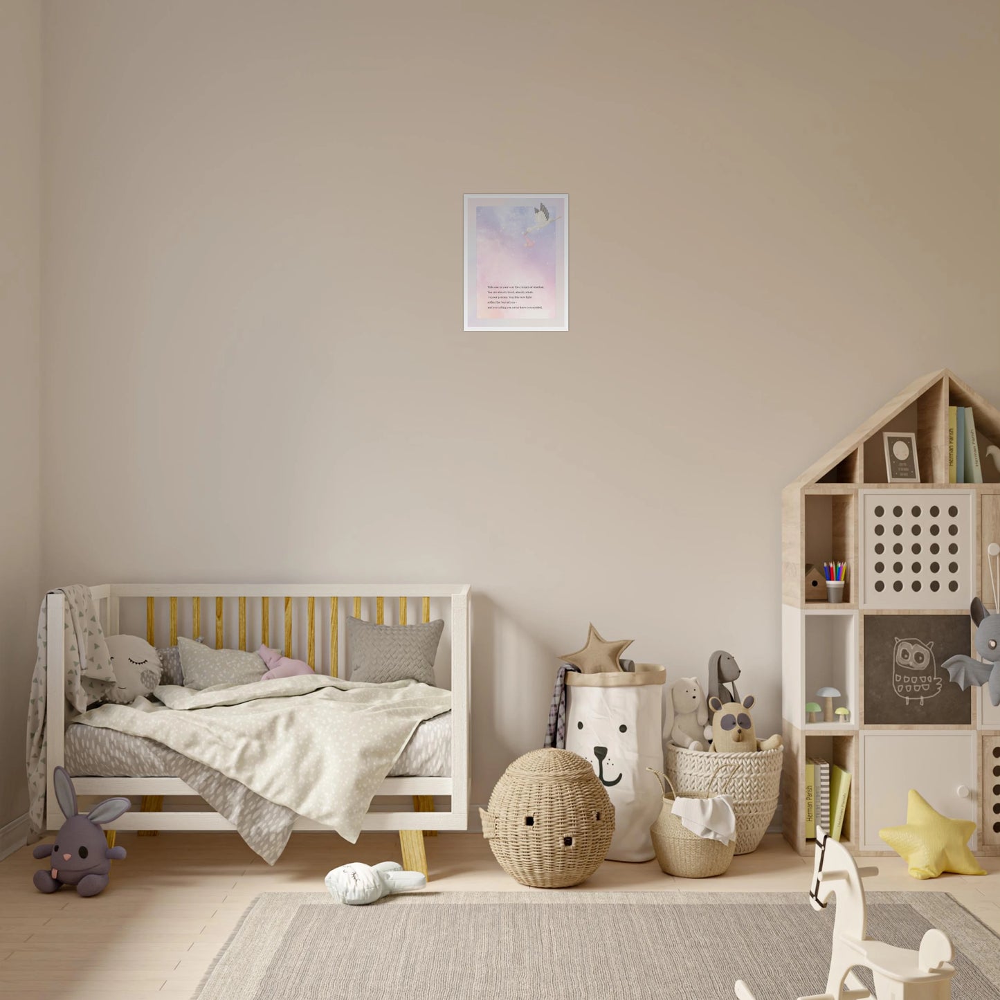Small 12x16 “New Light” framed wall art in white frame above a baby bed and toy storage baskets — soft minimalist nursery décor perfect for welcoming a newborn or gifting new parents.