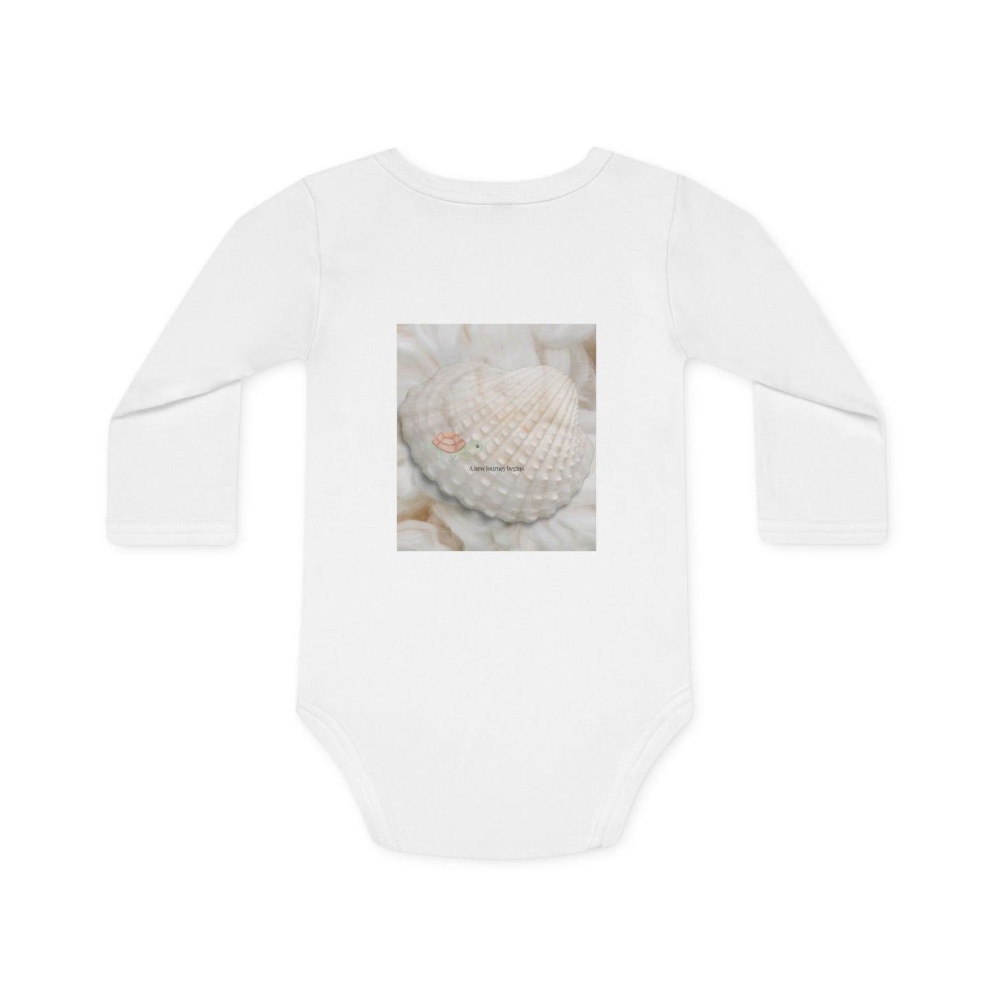 Back of the organic white baby bodysuit featuring the Tiniest Traveler design from Printed Echoes Creations.