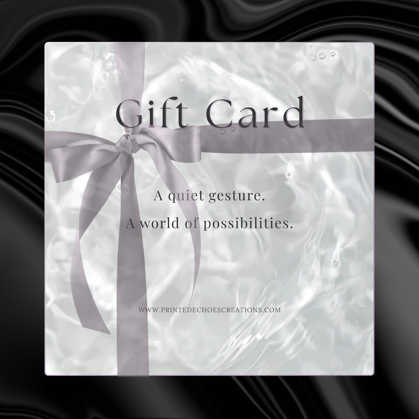 Printed Echoes Creations $40 digital gift card with a mauve ribbon and subtle water ripple design—ideal for curated, thoughtful gifting.