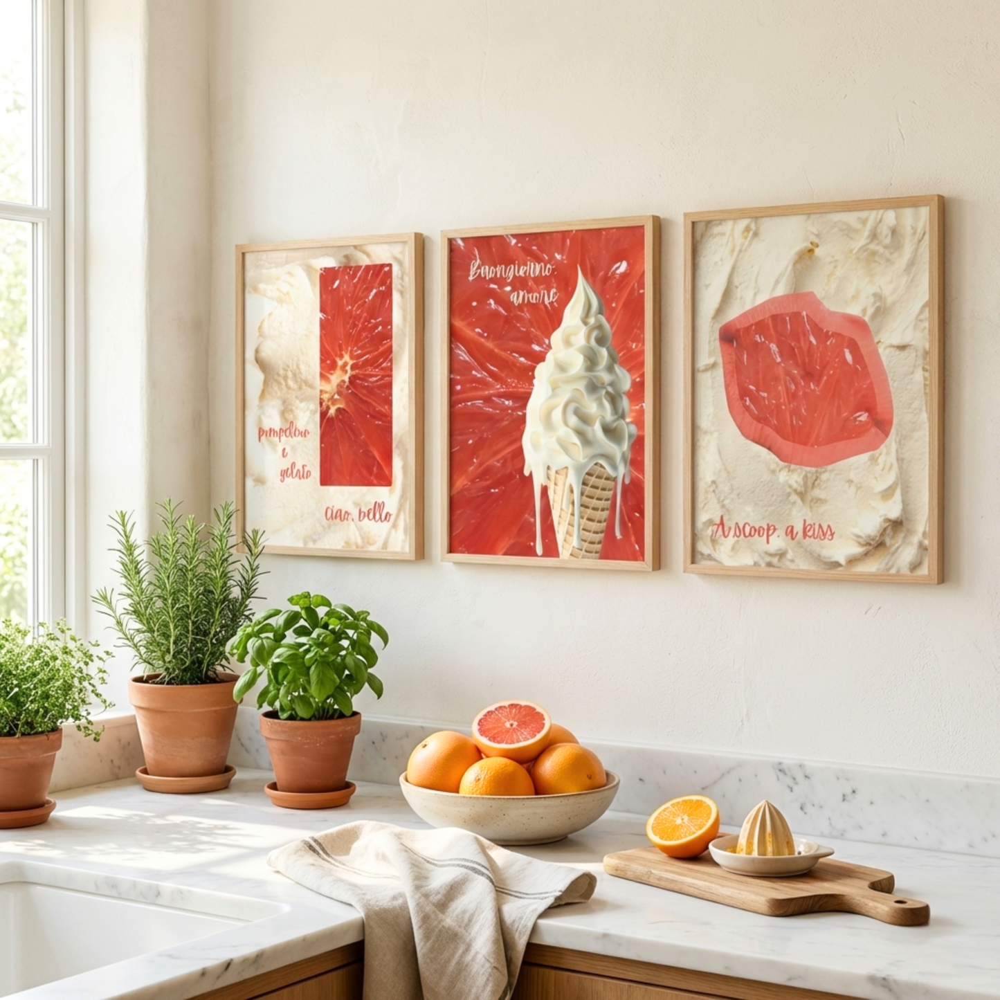 The Pomelo e Gelato Petite Gallery trio bundle styled in a sun-drenched Mediterranean kitchen. Three curated italian summer art prints - "Pome e Gelato", "Buongiorno Amore", and "A scoop, a kiss"- are displayed in light wood frames above a marble countertop featuring fresh citrus, potted herbs, and organic kitchen textures.
