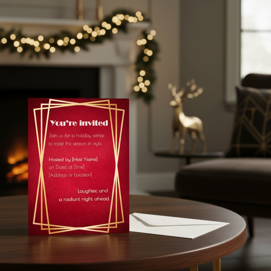 Personalized Art Deco Christmas invitation displayed by fireplace — elegant red and gold holiday soirée stationery with modern vintage style.