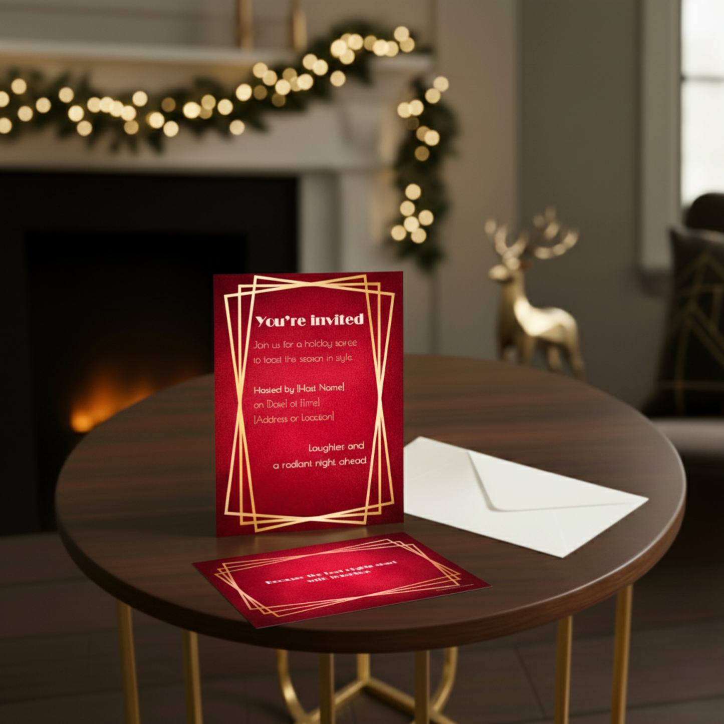 Art Deco Christmas invitation set with front and back cards and envelope — red velvet design with gold frame, ideal for holiday soirées.