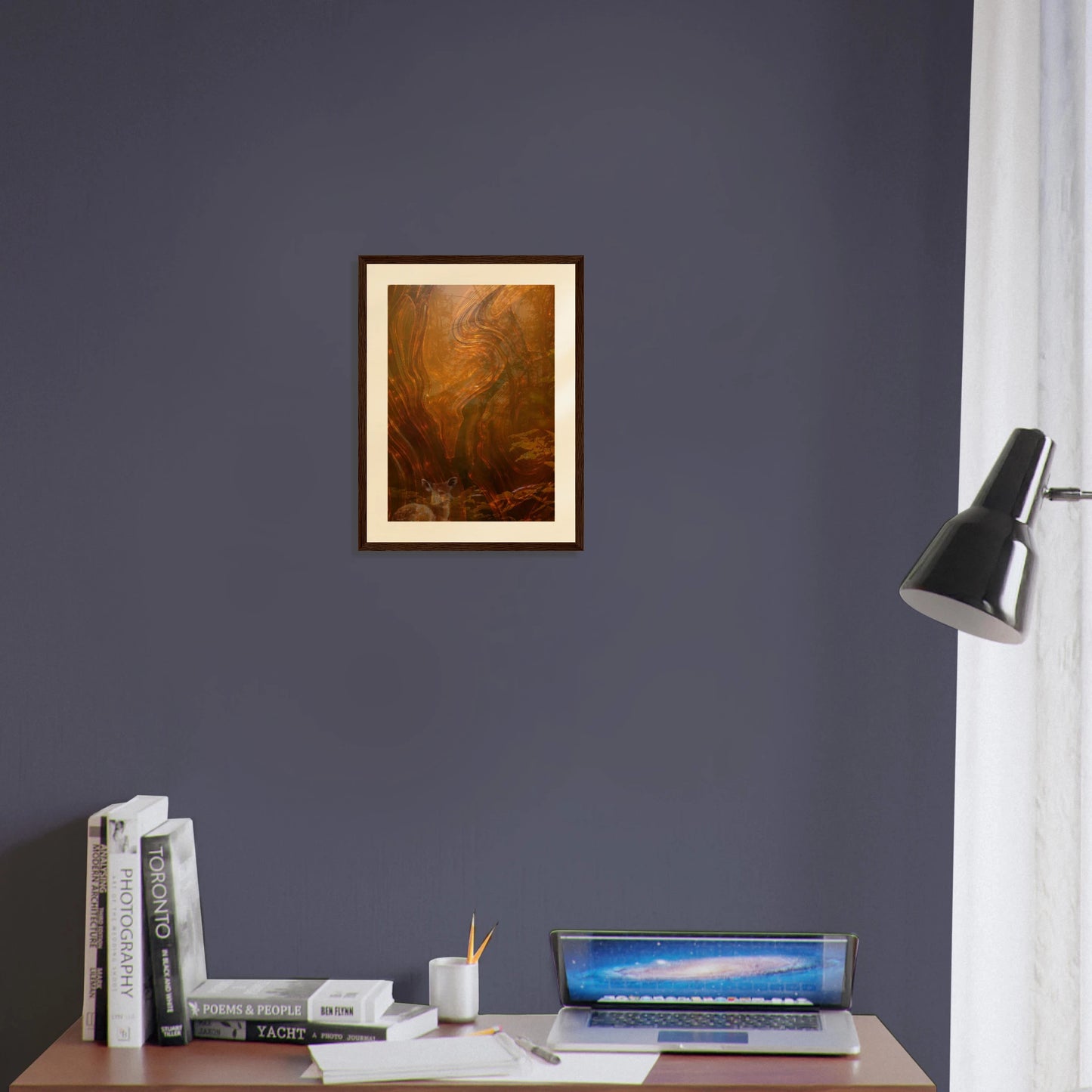 Printed Echoes Creations Whispers of Fall small 12x16 framed wall art styled in a modern home office. Abstract autumn tones add warmth and inspiration above a minimalist desk with books, laptop, and task lighting, creating a cozy workspace. Perfect size art print for offices, study nooks, or small-space wall decor.