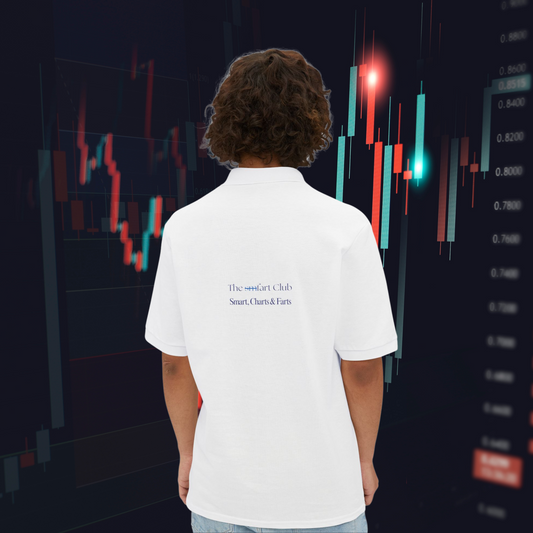 Back view of the white sm.fart Club polo featuring the embroidered slogan “Smart, Charts & Farts,” styled with a trading chart backdrop — ironic twist on finance wear.
