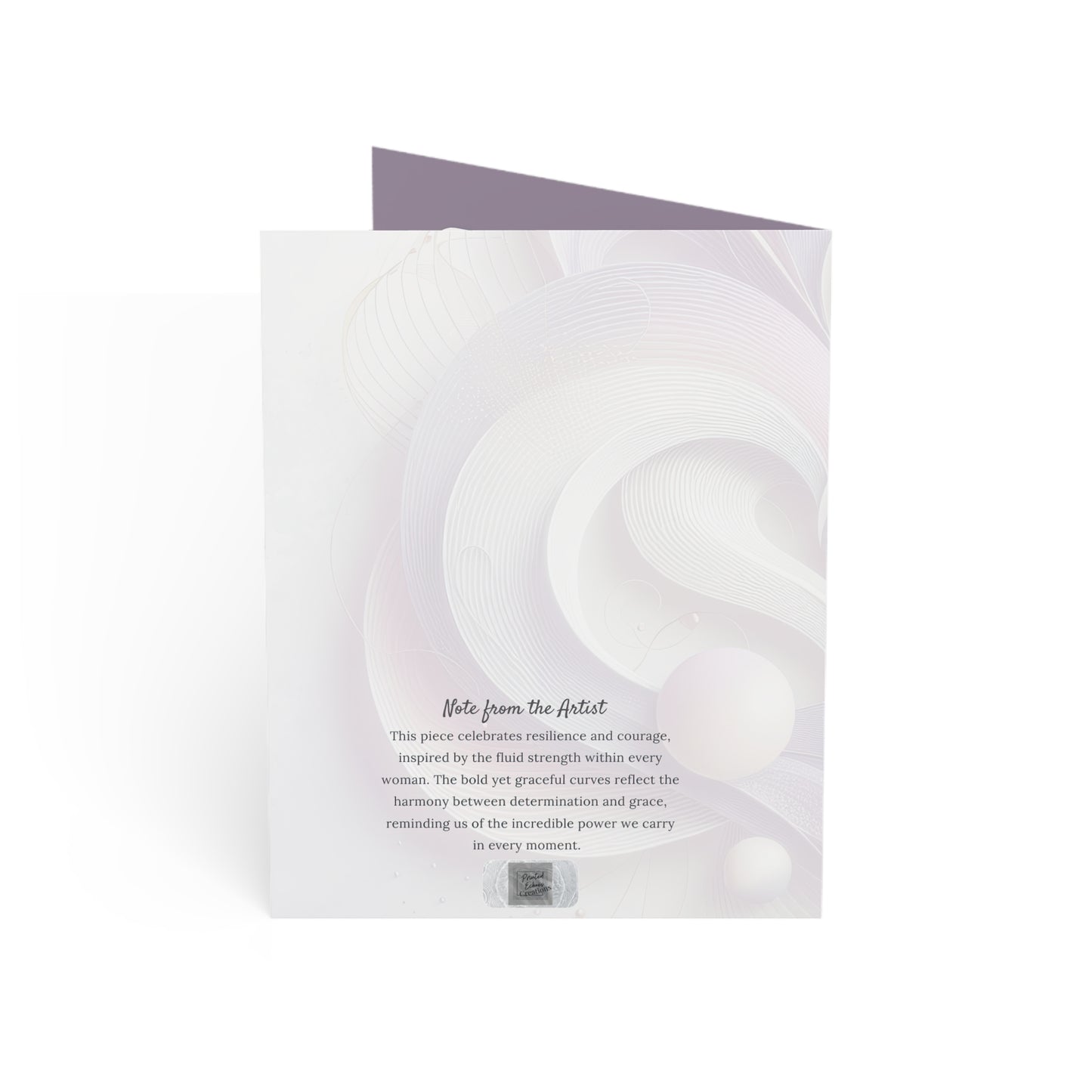 Back of the Strength Within card with a soft abstract background and a note from the artist, celebrating the balance of determination and grace in every woman.