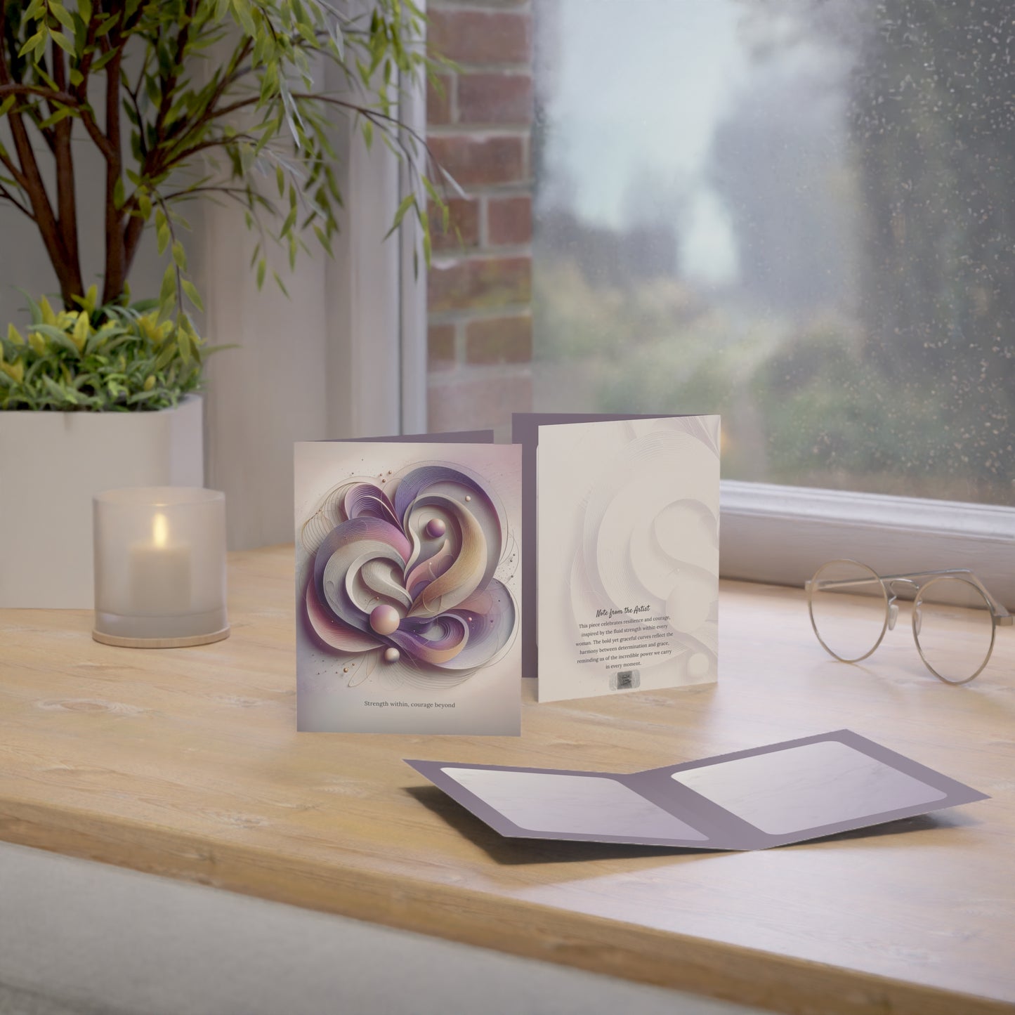 Lifestyle scene of the Strength Within card placed by a window with natural light, glasses, and candlelight, showcasing the full card set in a calming moment.