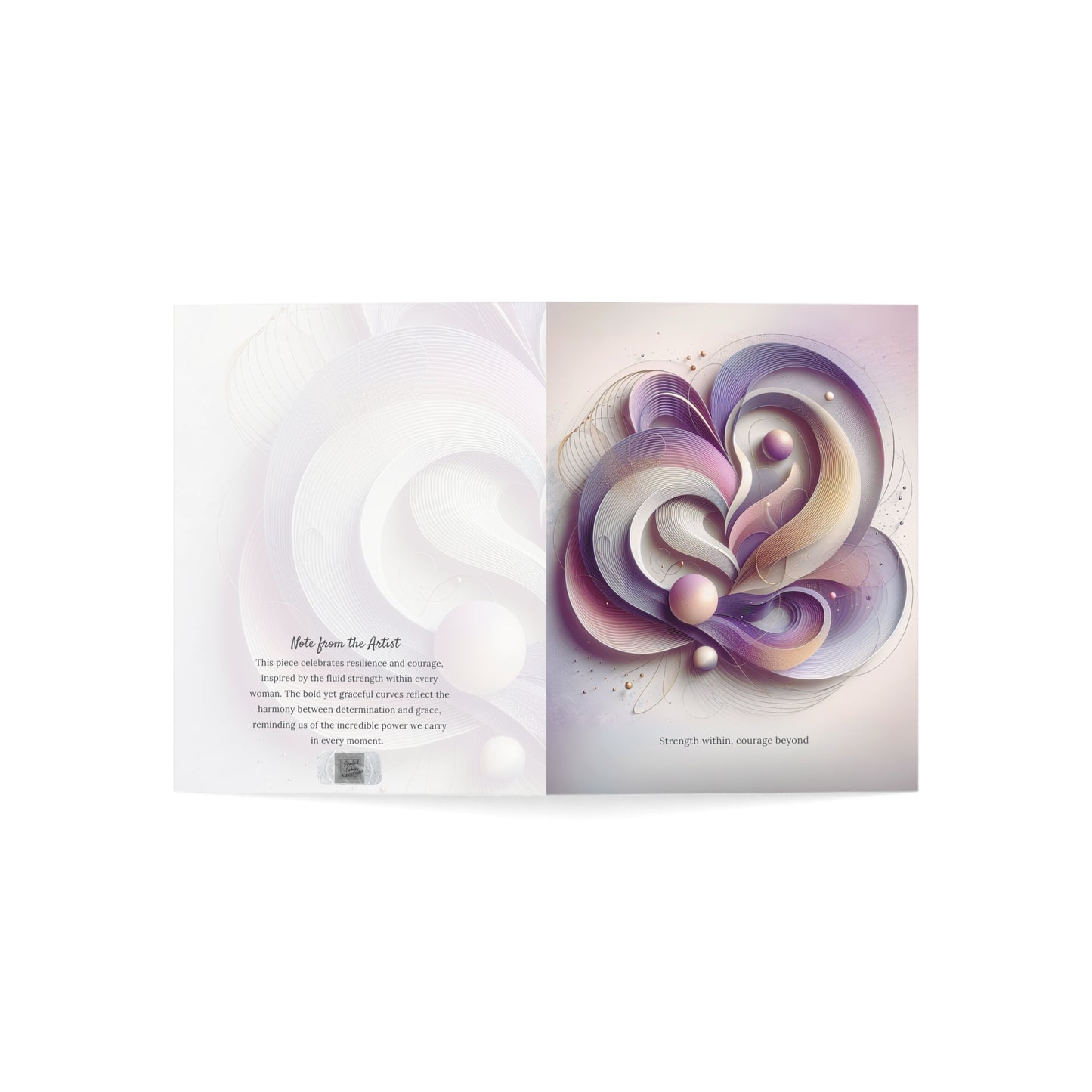Open view of the Strength Within card showing both the abstract front design and the poetic artist note on the back, honoring feminine courage and resilience.