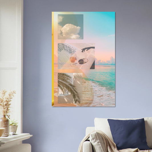Summer Reverie wall art displayed in a coastal-inspired blue living room, adding a tranquil and airy vibe to the space.