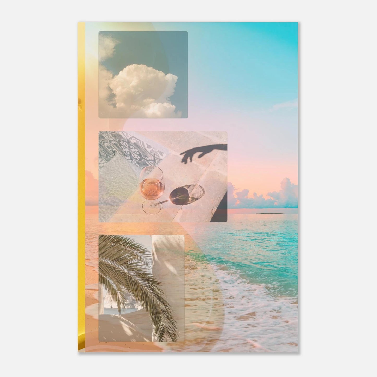 Summer Reverie full collage art print featuring a dreamy blend of clouds, poolside reflections, palm leaves, and ocean waves in soft pastel tones.