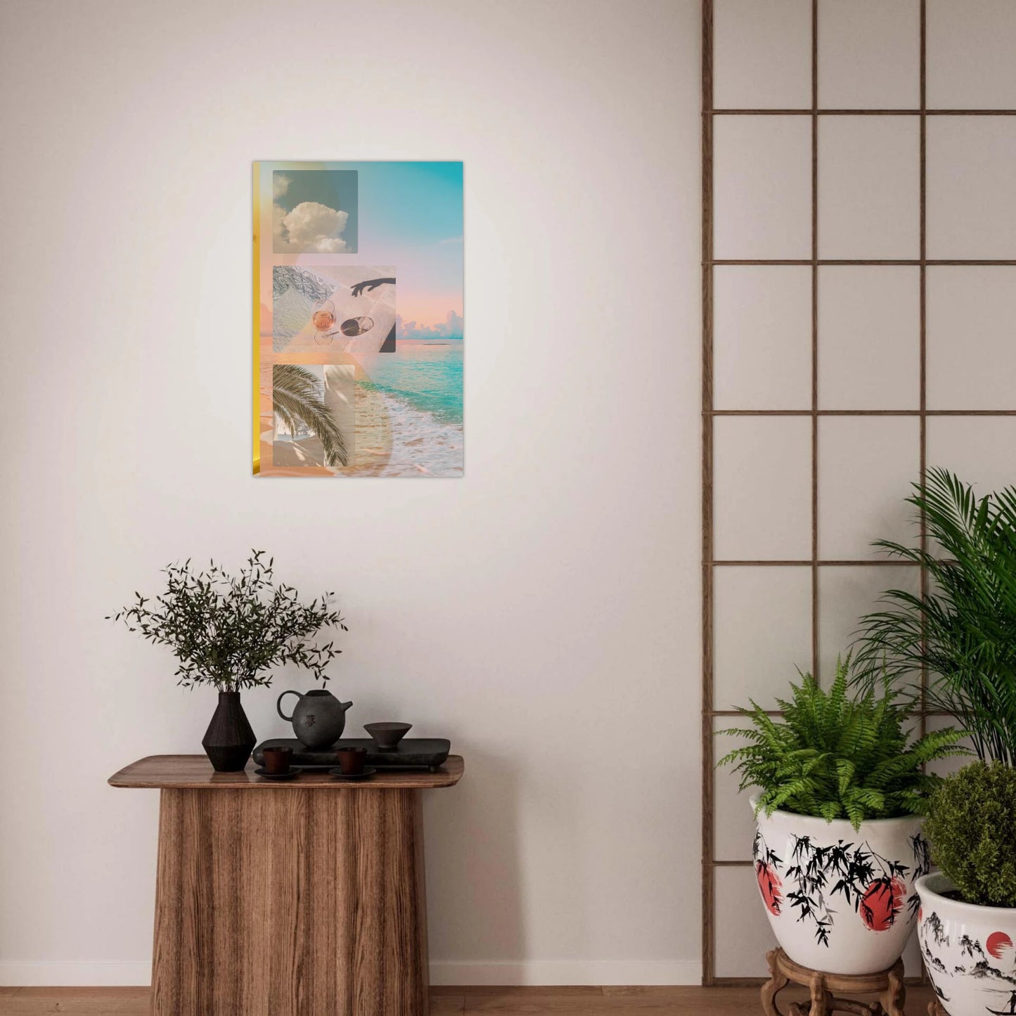 Summer Reverie wall art poster displayed in a serene zen-style room with wooden furniture, potted plants, and soft natural light.