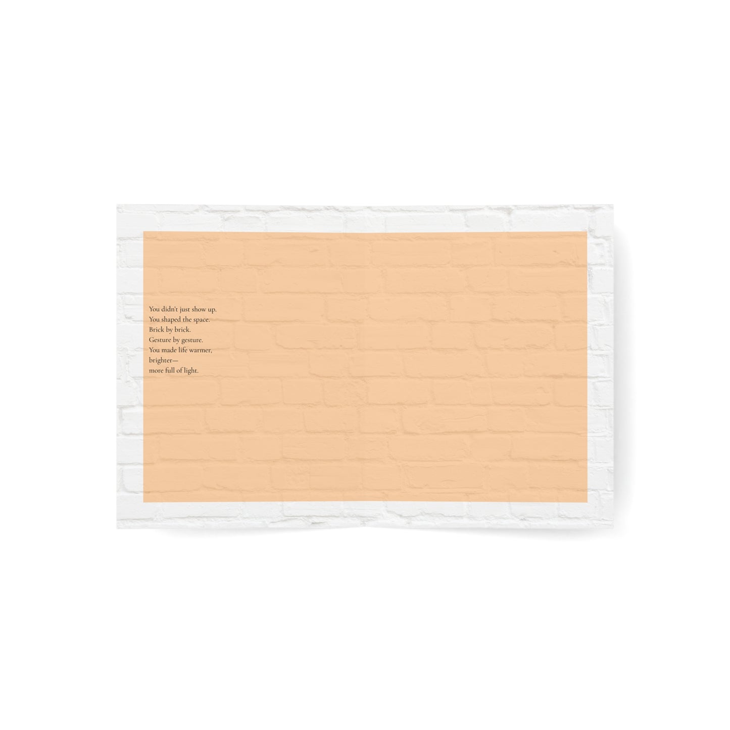 Interior view of “The Builder” art greeting card, featuring a poetic printed message on a soft watercolor background. Designed with warm orange and muted golden tones, the text honors father figures who build love through presence and care. A meaningful Father’s Day card for stepdads, mentors, or chosen family.