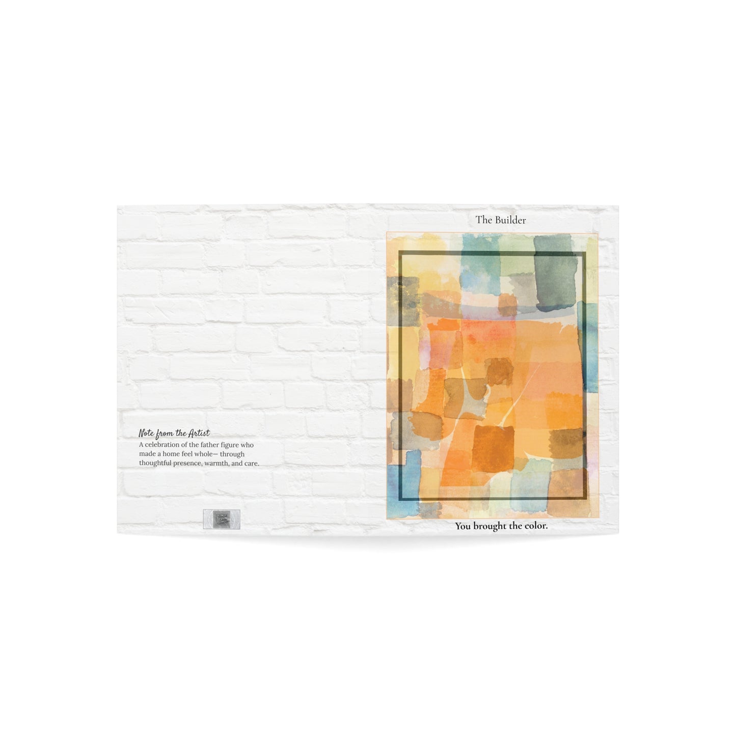 Flat lay of “The Builder” greeting card fully opened, displaying the abstract watercolor cover design and the poetic printed message inside. The card features warm earth tones on soft matte cardstock and is styled for thoughtful Father’s Day gifting. A meaningful art card for dads, stepdads, or father figures.