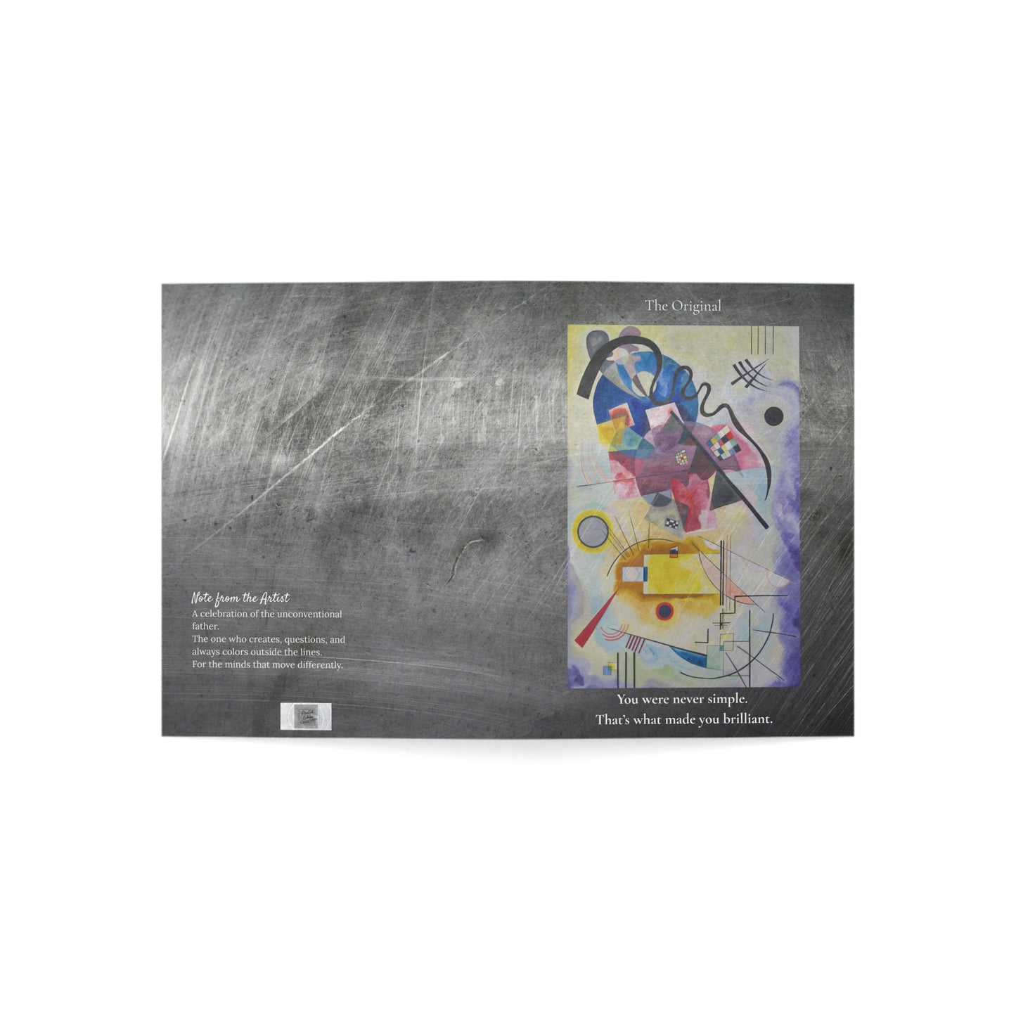 Flat lay of “The Original” greeting card fully opened, displaying both the front artwork and the poetic message inside. A bold, art-inspired card for Father’s Day or personal gifting.