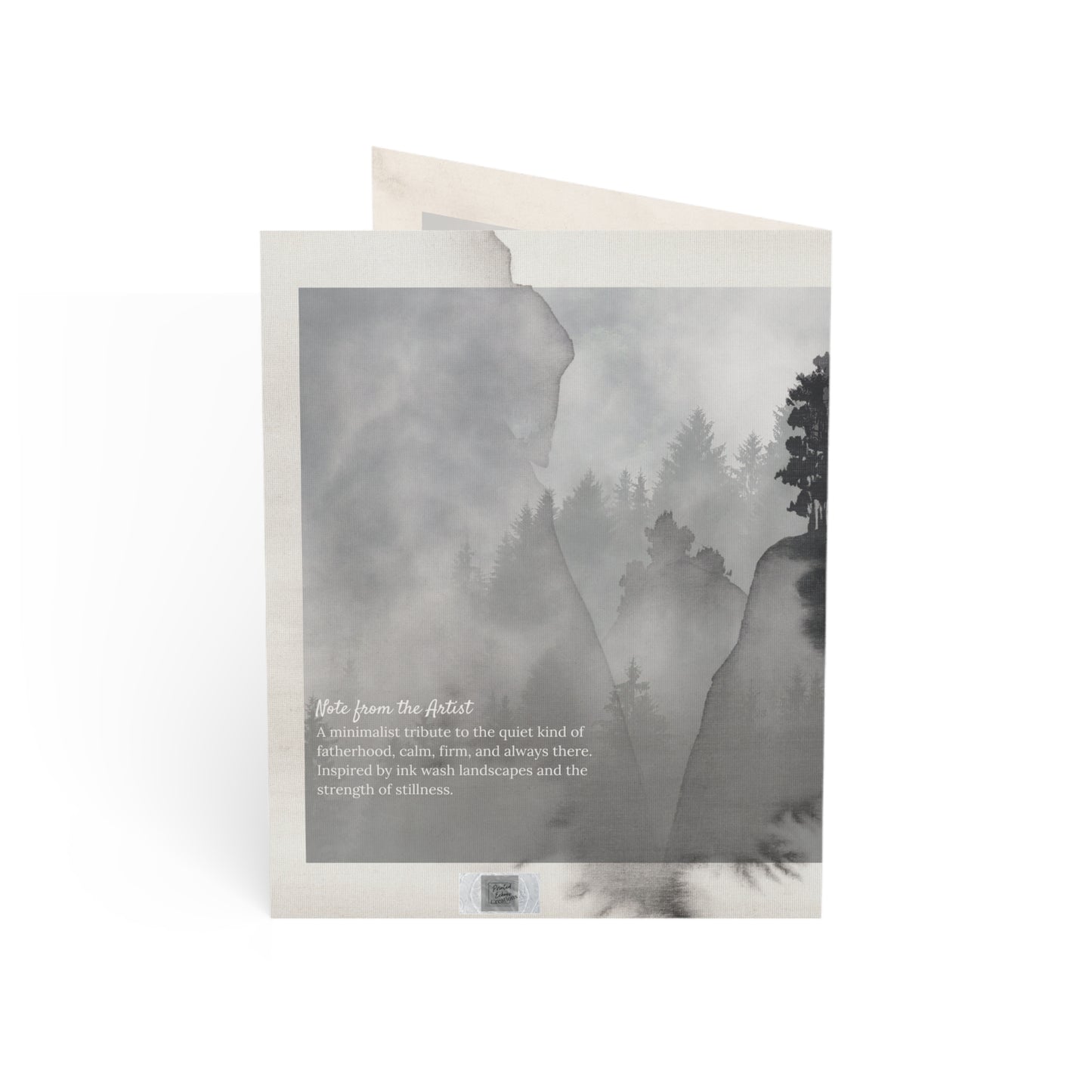 Back of “The Steady One” card featuring a note from the artist over a faded ink-wash landscape. A tribute to calm, quiet father figures inspired by nature and stillness—part of the Printed Echoes Creations Father Figures Series.