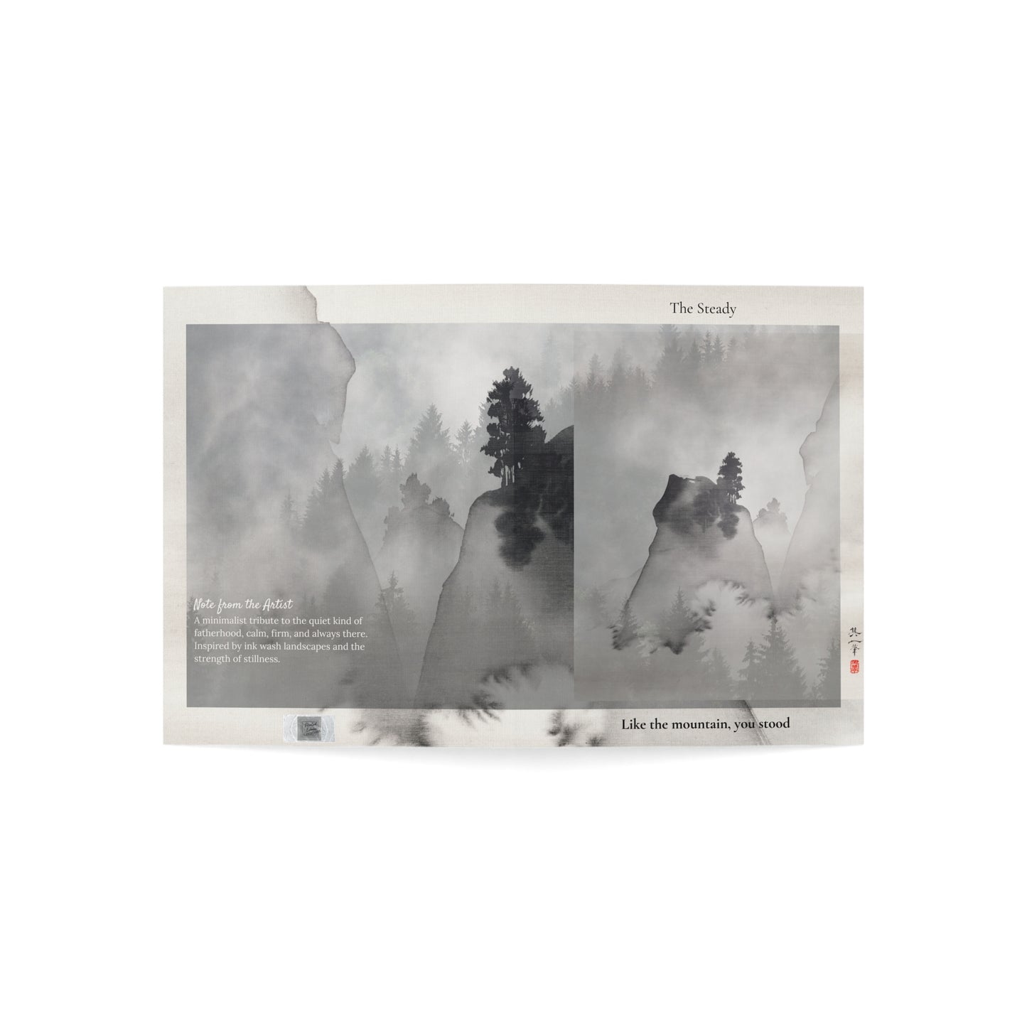 Flat lay of “The Steady One” greeting card fully opened, revealing both the poetic inside text and the grayscale landscape artwork. A minimalist folded art card for Father’s Day or thoughtful gifting.