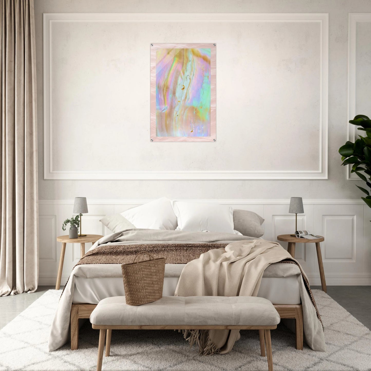 The Veil acrylic wall art featuring iridescent mother of pearl hues, styled above a modern bed in a neutral bedroom with layered textures.
