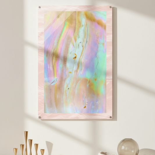 The Veil acrylic wall art with iridescent mother of pearl tones, styled in a modern home interior with brass accents and soft light.