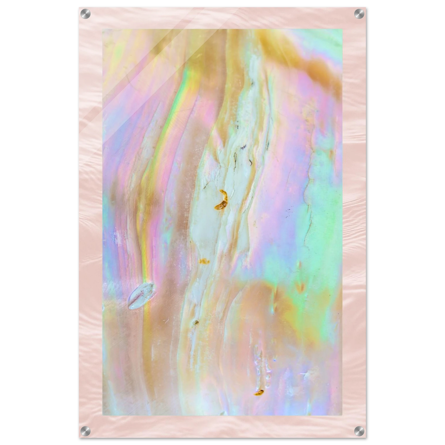 The Veil 12x16 acrylic wall art print, iridescent mother-of-pearl inspired design, perfect for small modern spaces or shelf styling.