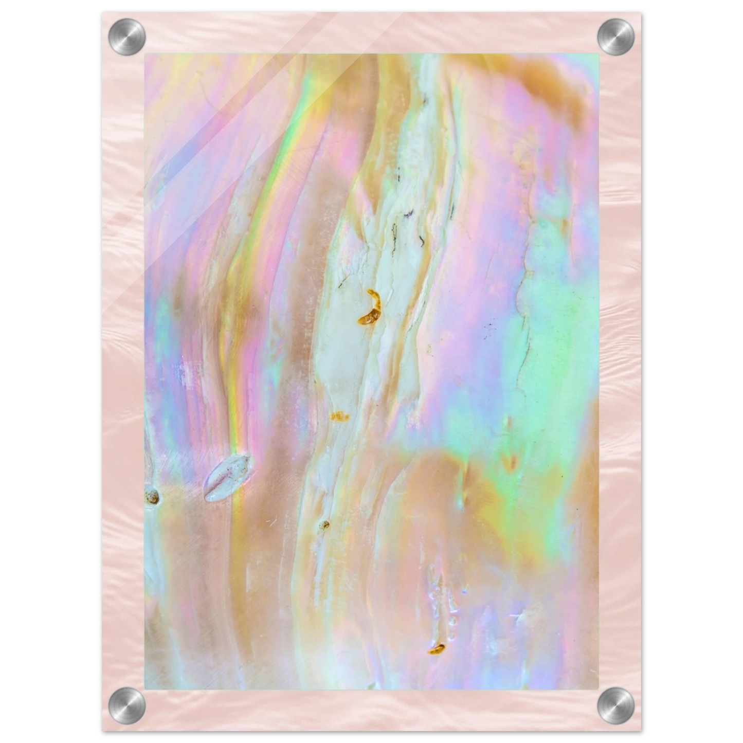 The Veil 18x24 acrylic wall art print, luminous mother-of-pearl inspired design, ideal for modern living rooms, home offices, or entryways.