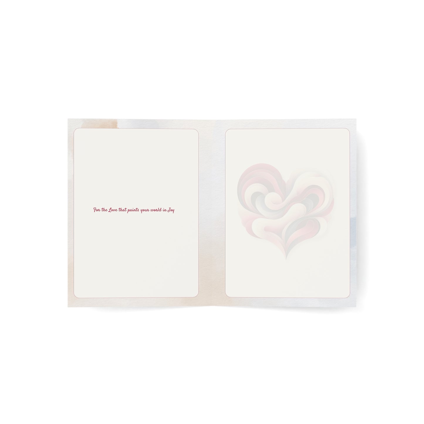 Open greeting card interior with an abstract heart on the right and message on the left reading “For the love that paints your world in joy.” Elegant, minimal design.