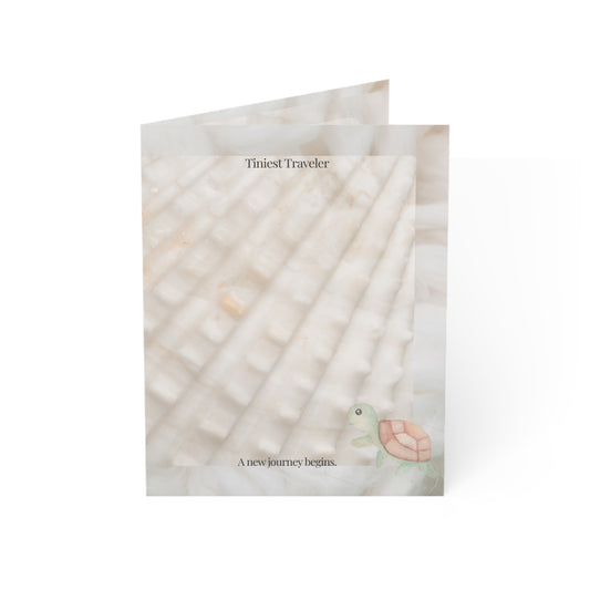 Tiniest Traveler card – poetic baby arrival card with a turtle illustration and the message ‘A new journey begins