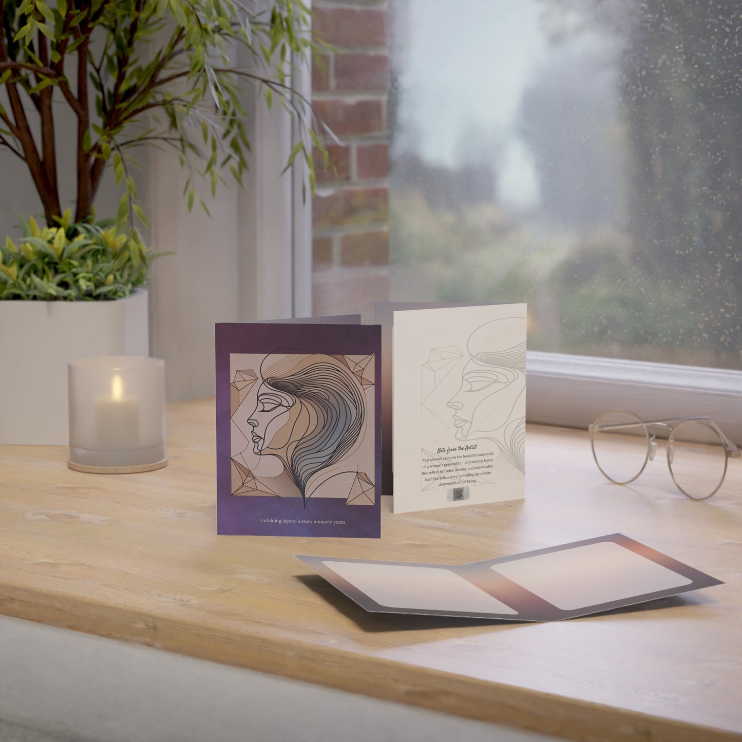 Lifestyle scene of the Unfolding Layers art card set on a windowsill, showing the front, back, and open interior in natural light—an elegant celebration of feminine strength and quiet reflection.