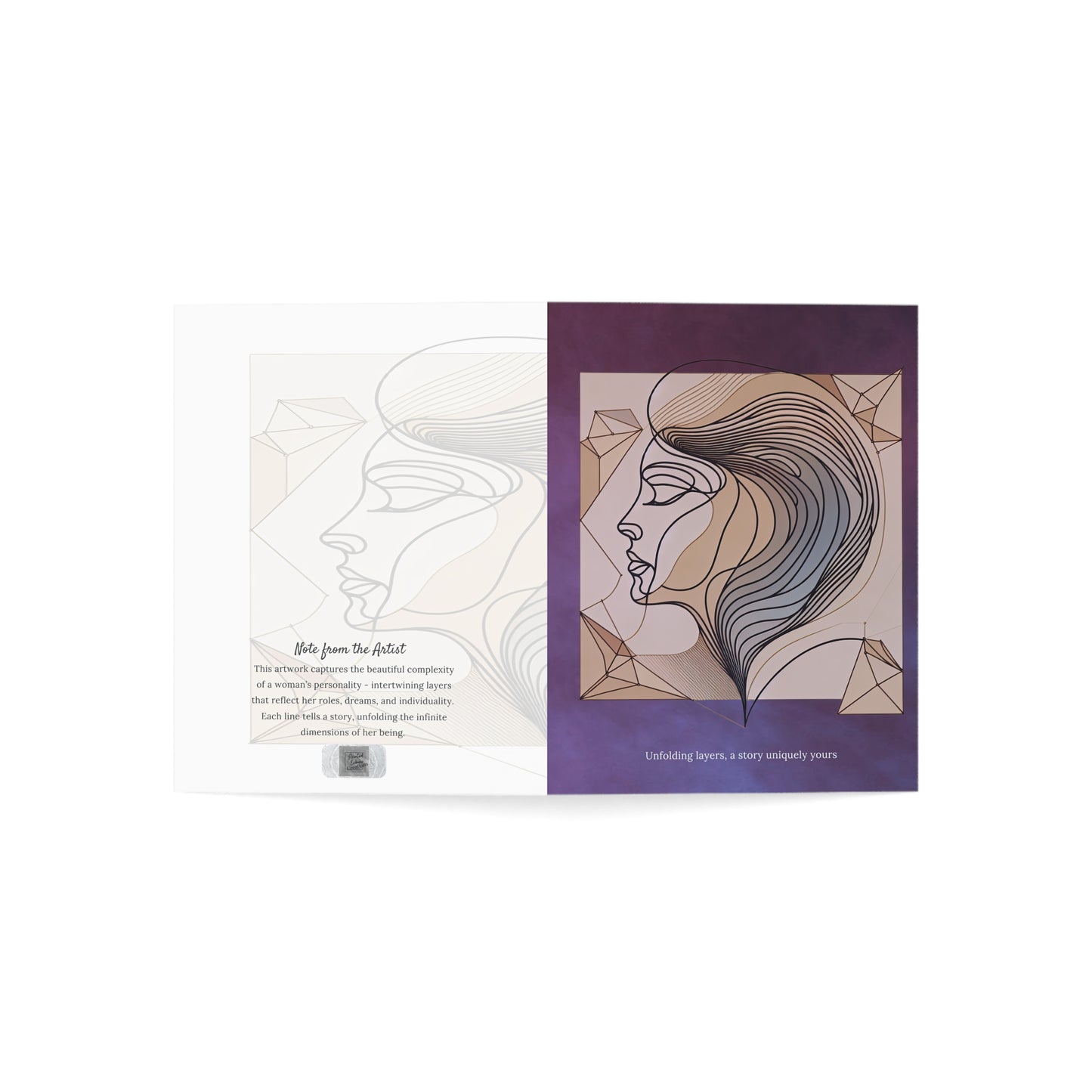 open view of the Unfolding Layers art card showcasing the abstract feminine portrait on the front and poetic artist note on the back, both celebrating the layered beauty and strength of women