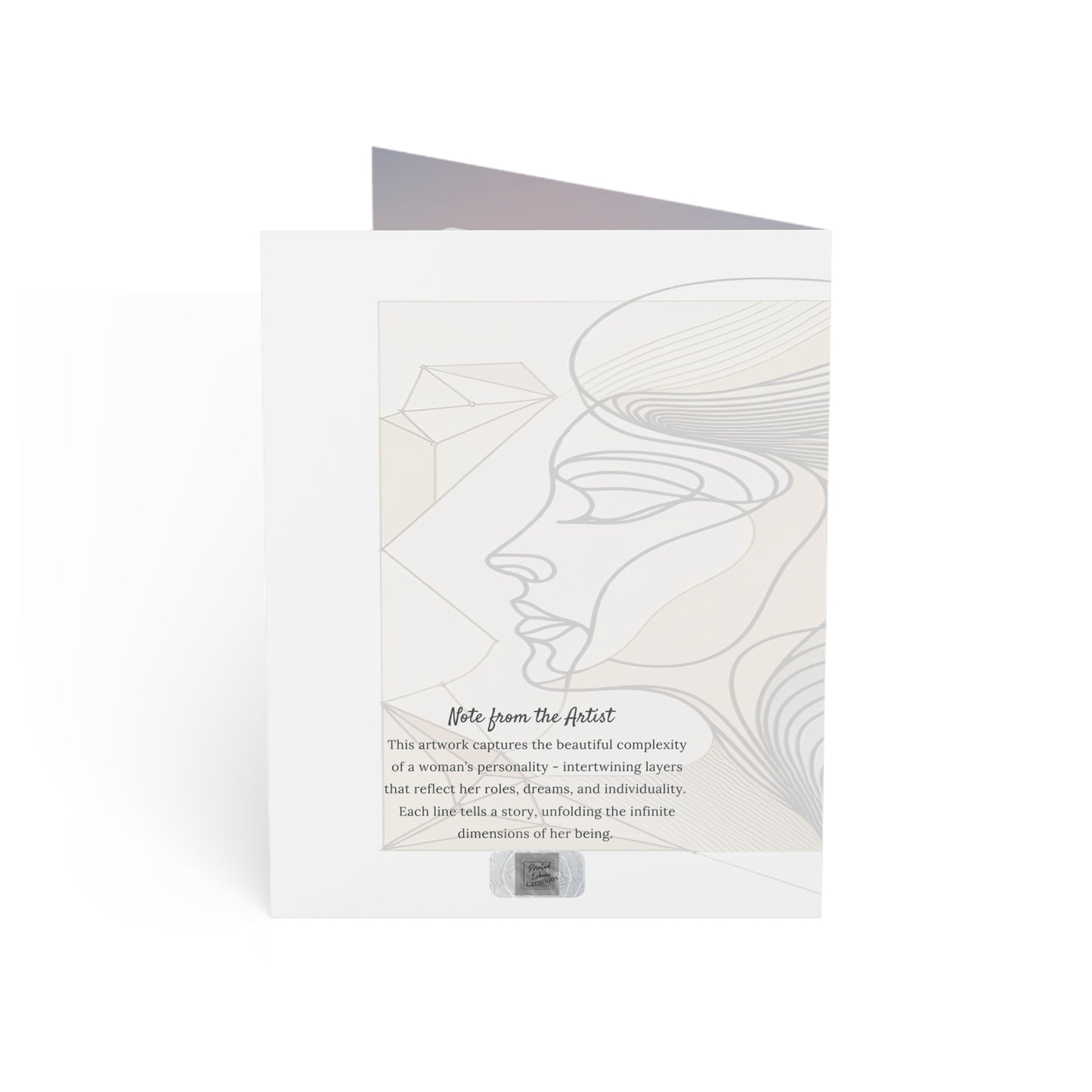 Back of the Unfolding Layers art card, featuring a delicate line illustration of a woman’s profile and a poetic artist note honoring feminine complexity, individuality, and depth.