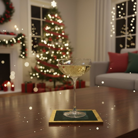 Velvet Solstice coaster styled with champagne glass on a holiday table in front of Christmas tree, snowy fir design with green velvet and gold border, festive entertaining décor by Printed Echoes Creations.