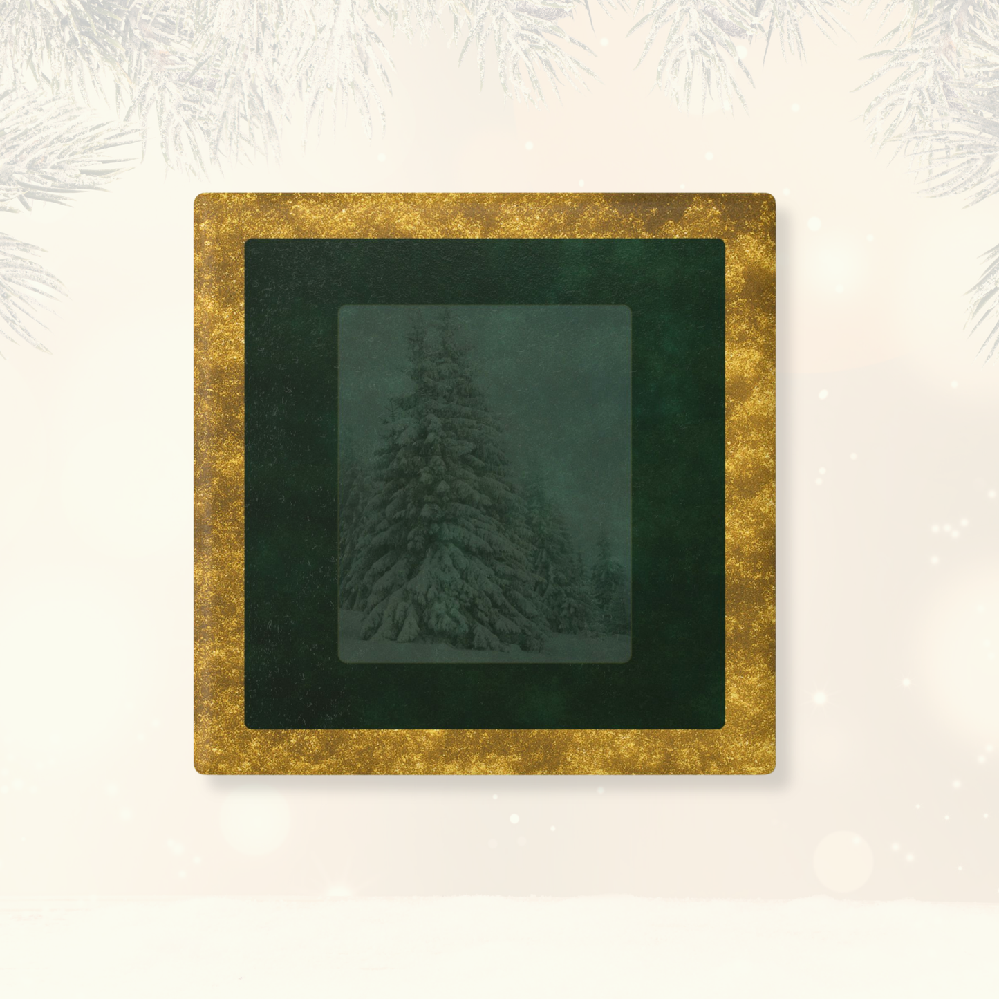 Velvet Solstice holiday coaster featuring snowy fir design with green velvet background and gold border, modern barware by Printed Echoes Creations.