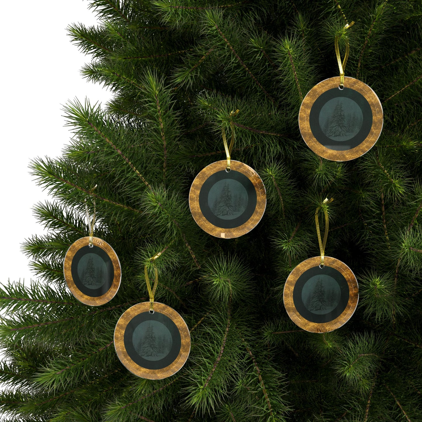 Set of five Velvet Solstice glass ornaments with snowy fir design, green velvet background, and gold border hanging on Christmas tree branches, luxury holiday décor by Printed Echoes Creations