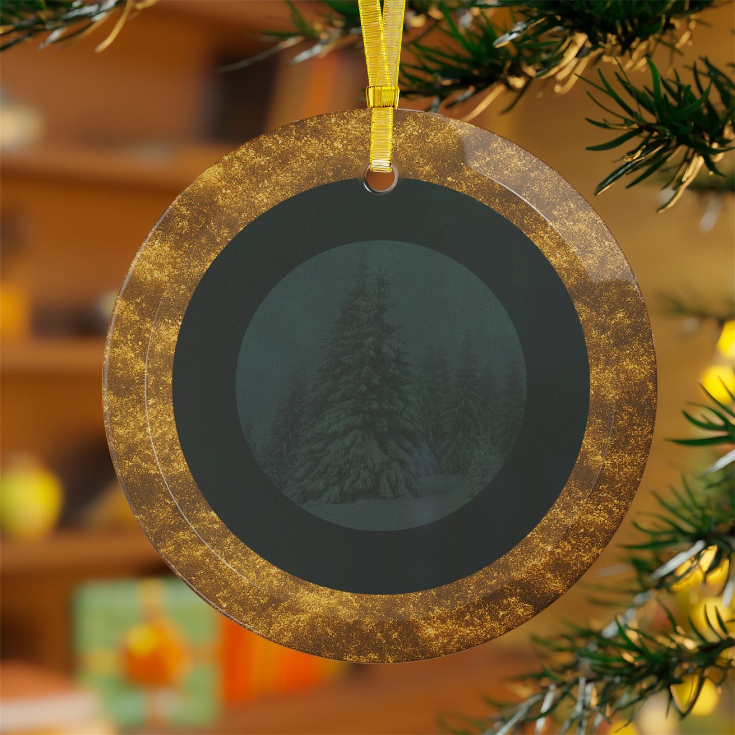 velvet solstice glass ornament with snowy fir design, green velvet background, and gold border hanging on a Christmas tree branch, luxury holiday décor by Printed Echoes Creations.