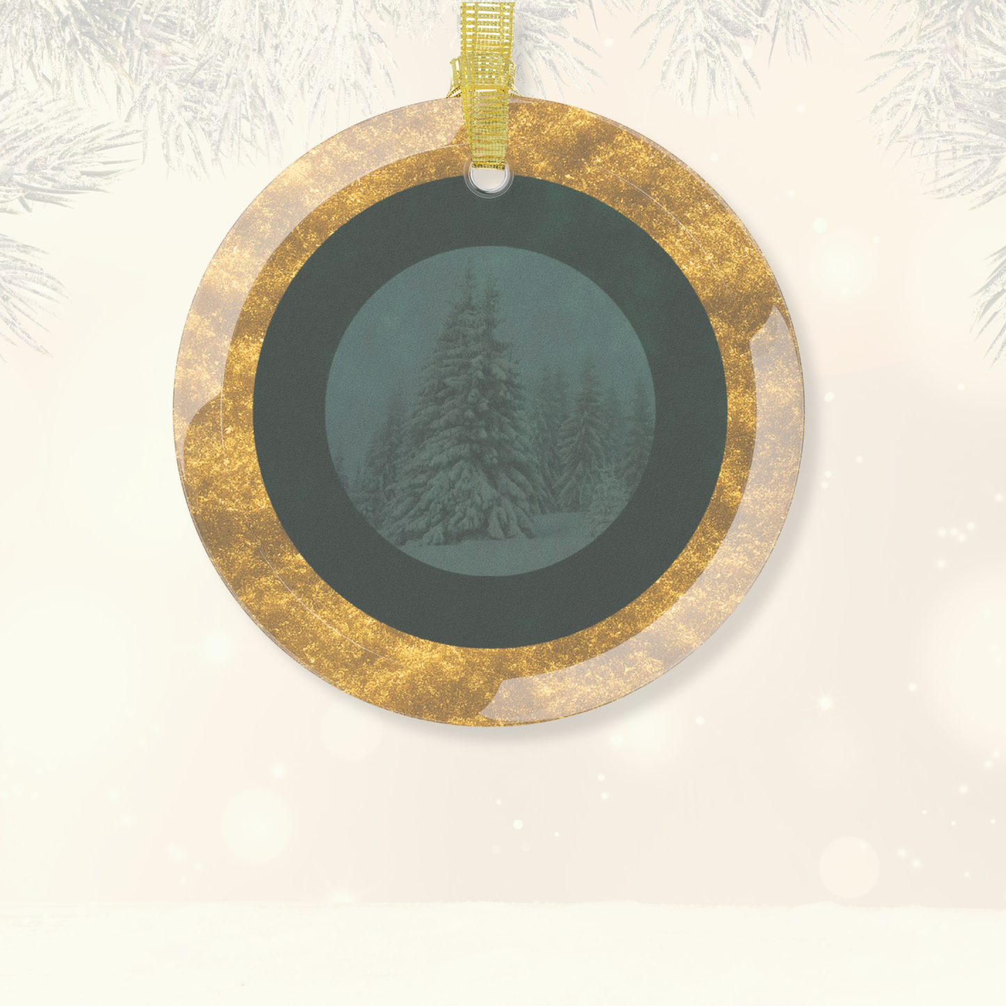 Velvet Solstice glass ornament featuring snowy fir design with green velvet background and gild border, luxury holiday décor by Printed Echoes Creations