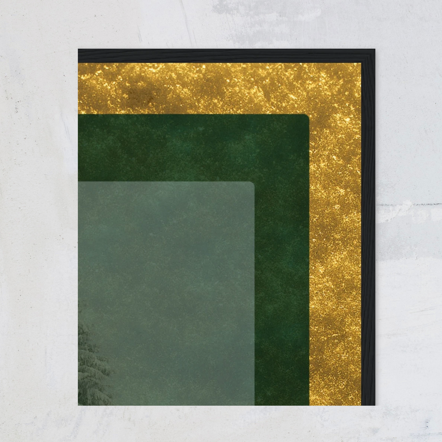 Close-up of Velvet Solstice wall art showing gold border, green velvet texture, and frame detail, luxury winter print by Printed Echoes Creations.