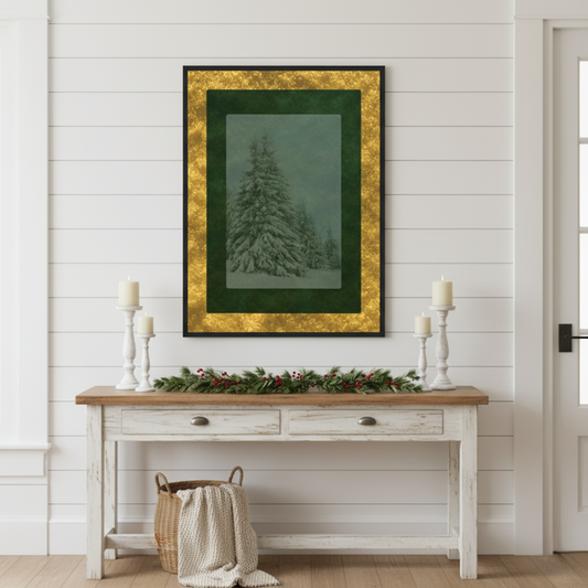 Velvet Solstice Wall Art with gold and green frame styled in a modern farmhouse entryway with candles and holiday greenery — elegant winter wall décor from Printed Echoes Creations