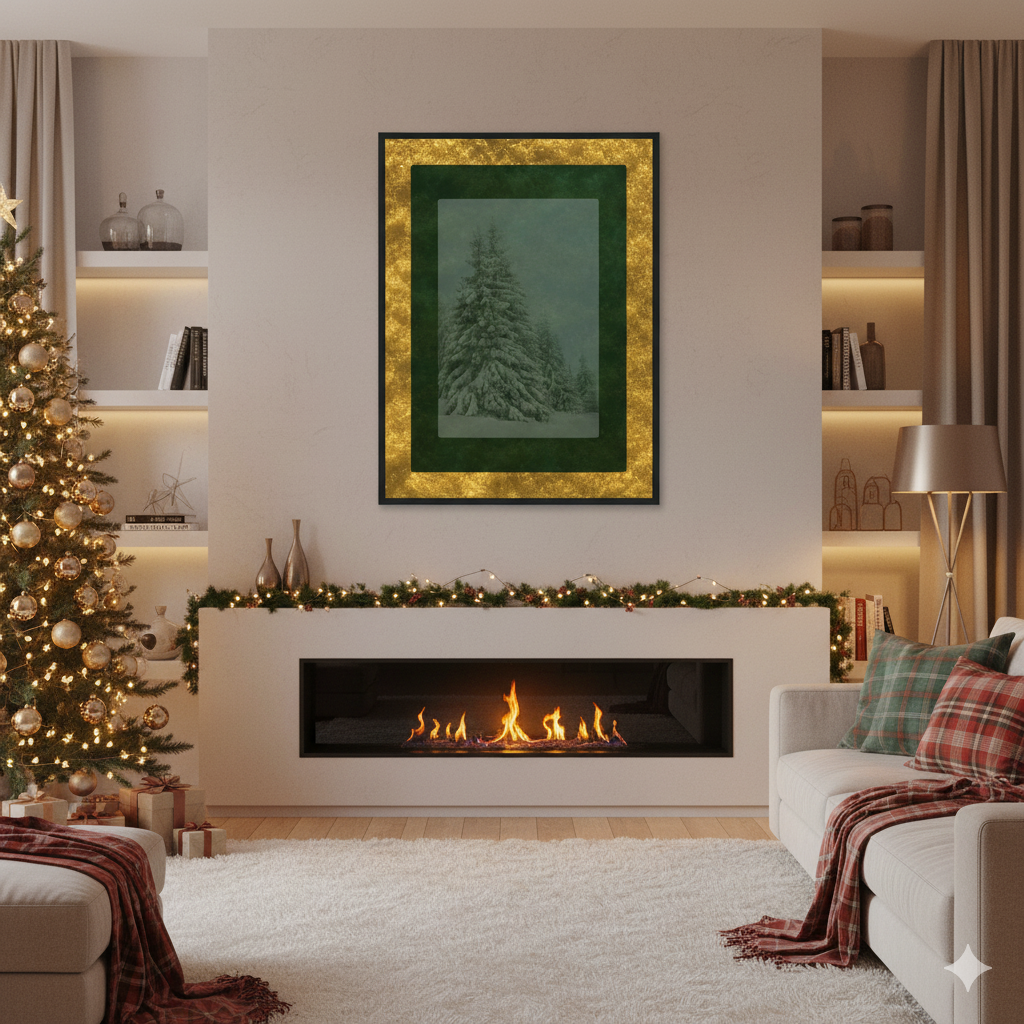 Velvet Solstice wall art with snowy pine trees and gold border styled above a modern fireplace with Christmas tree and holiday decor, winter print by Printed Echoes Creations.