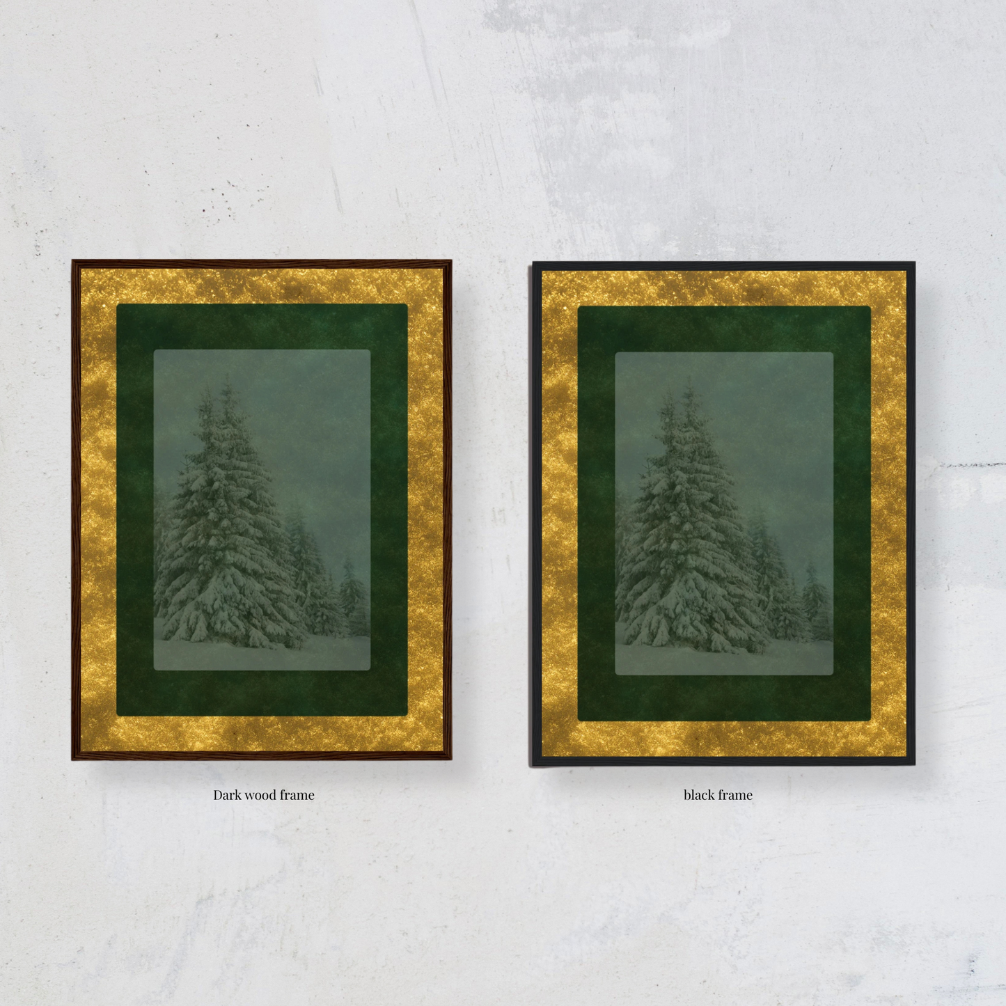 Velvet Solstice wall art with snowy pine trees and gold border shown in dark wood frame and black frame options, winter print by Printed Echoes Creations.