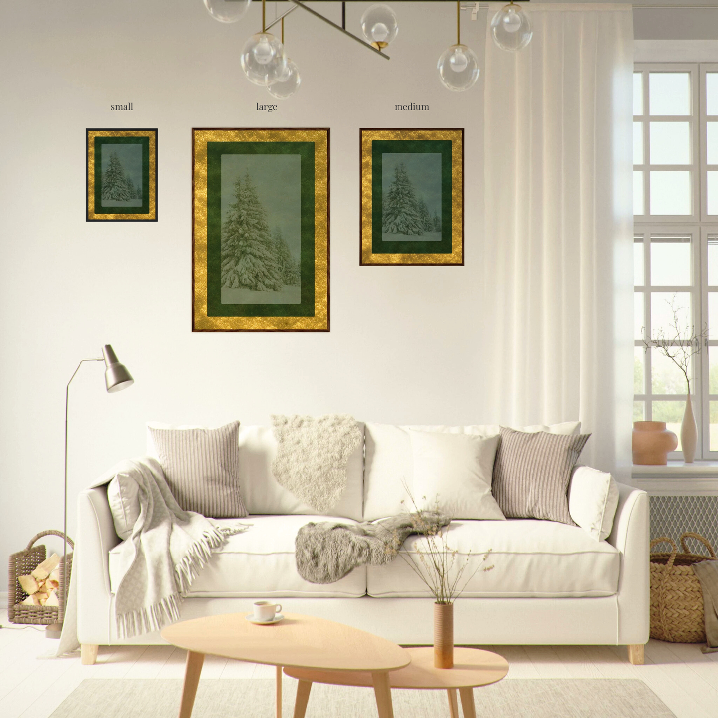 Velvet Solstice wall art with snowy pine trees and gold border shown in small, medium, and large sizes above sofa, winter print by Printed Echoes Creations.