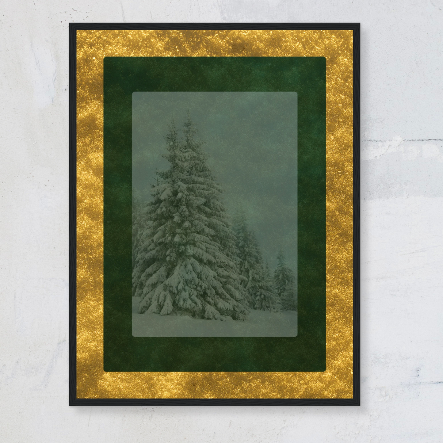 Velvet Solstice wall art with snowy pine trees and gold border, luxury winter print in dark wood or black frame by Printed Echoes Creations.