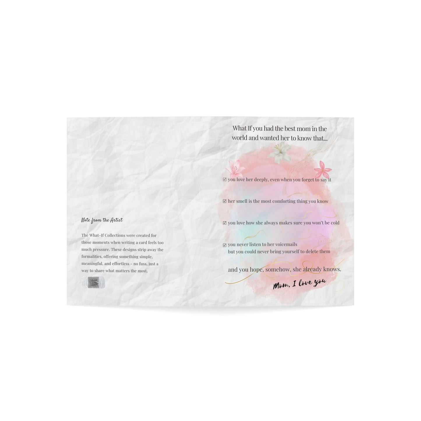 What-If Series greeting card for moms showing front checklist message and back artist note, designed for year-round gifting.
