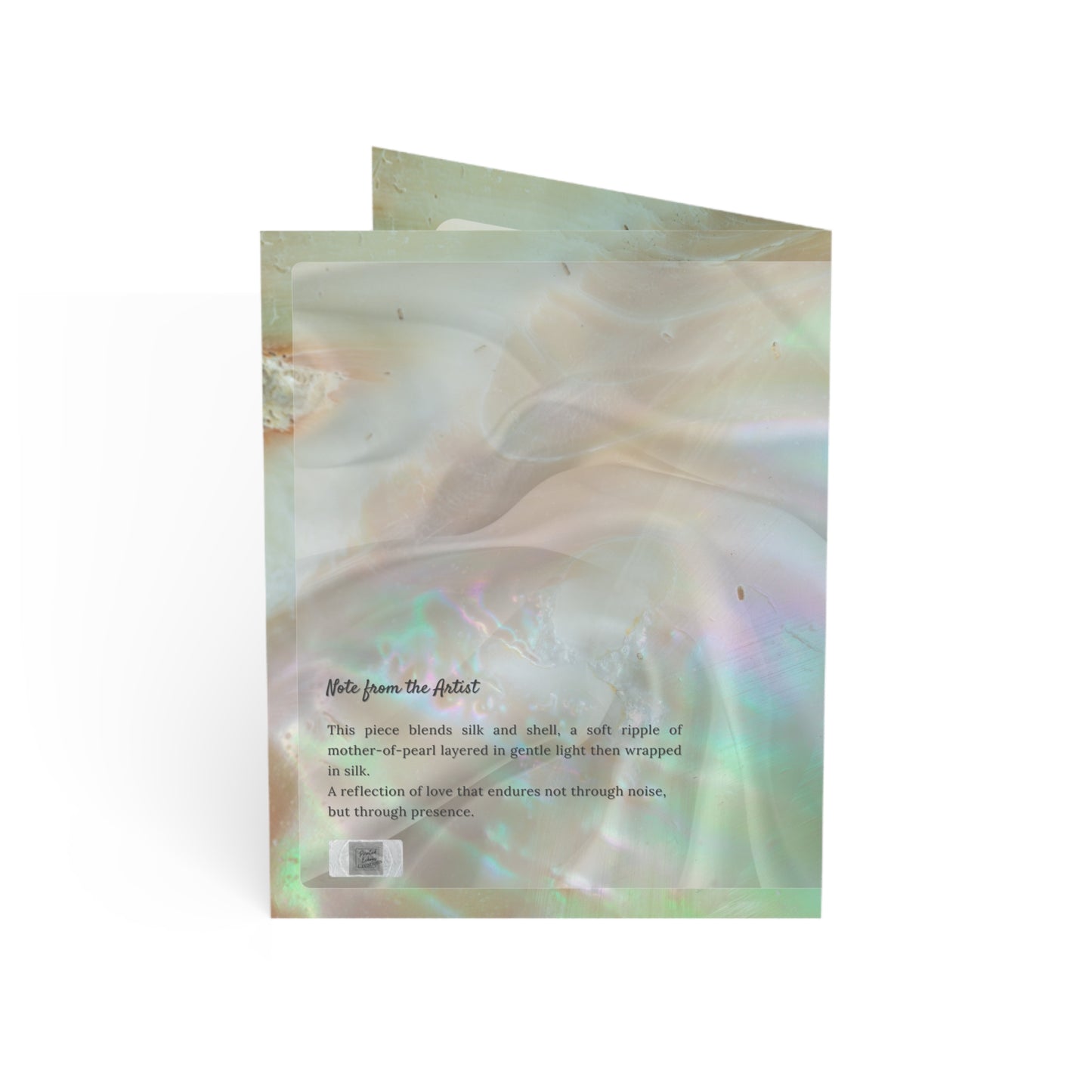 Back of the “Where Light Settles Gently” wedding art card, featuring a poetic note from the artist on a soft iridescent shell background. Highlights the inspiration behind the design—love expressed through stillness and presence.