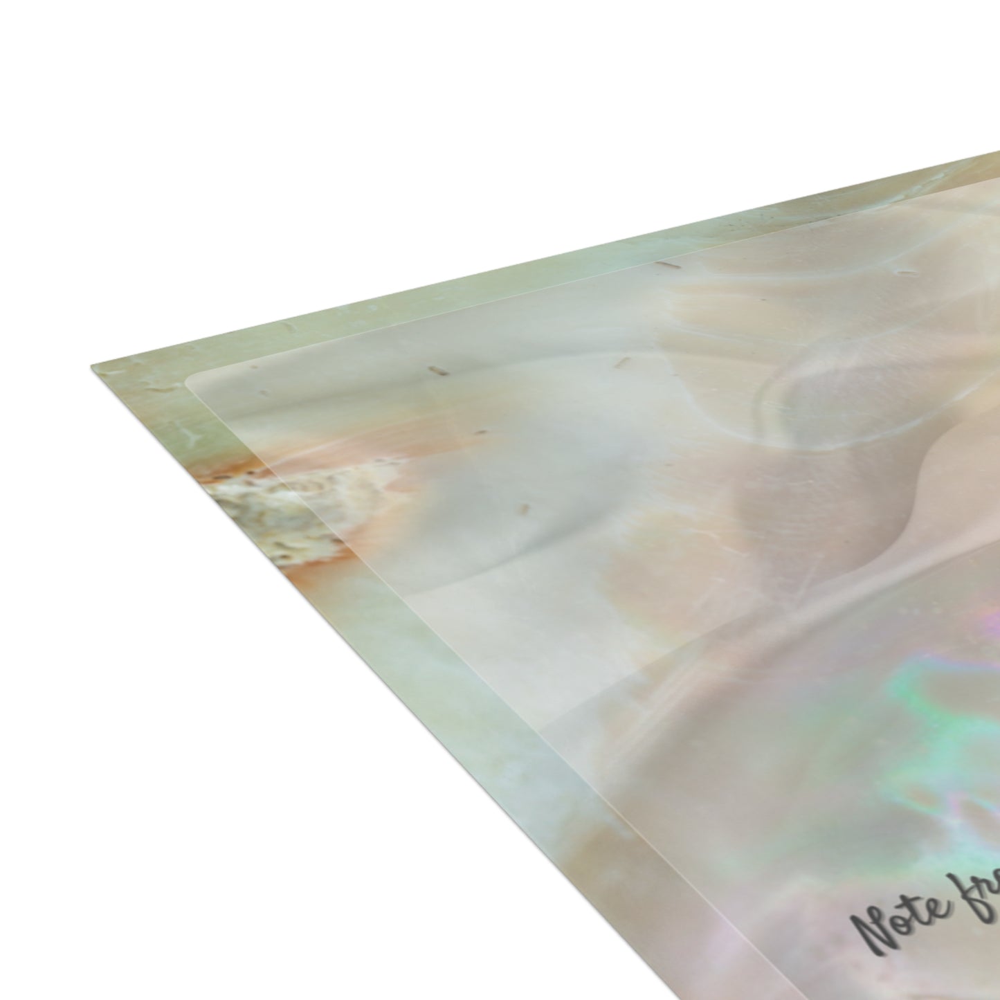 Close-up of the “Where Light Settles Gently” wedding card highlighting the soft iridescent texture and poetic artist note—subtle, refined, and detail-rich.